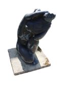 A large bronze effect resin garden water feature modelled as a crouching young woman.