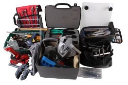 A collection of assorted hand tools. Including a tabletop mini vise, etc.