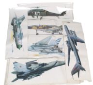 A collection of 17 illustrations of assorted military aircraft.