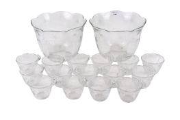 A pair of glass punch bowls and fifteen matching cups. Max. H17.