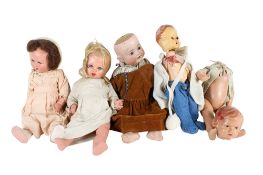 An assortment of vintage dolls. Including a Heubach Koppelsdorf bisque headed doll, No.