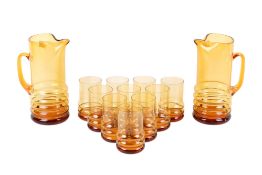 Glass lemonade set, England vintage c1955. Including two 1.2L 2pt jugs and ten 0.3L 0.