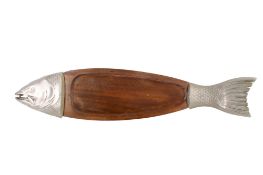 A vintage cast metal and mahogany fish shaped serving platter tray.