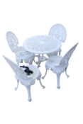 A painted white cast metal garden patio table and four chairs set. Diameter 67cm max.