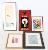 A group of five assorted pictures. Including paintings and limited edition prints, all framed, max.