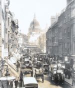 A large black and white image of St Paul's London. Showing horse drawn carriages and a steam train.