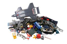 A collection of assorted playworn Bluebird Zero Hour plastic toys, circa 1990.