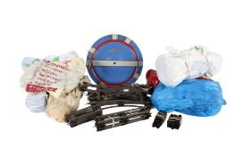 A quantity of 0 gauge model railway track. Including a Hornby turntable, etc.