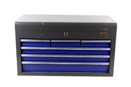 A metal tools storage box chest. With six assorted sized drawers and lift up lid.