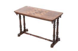 A Chess board marquetry topped stretcher table.