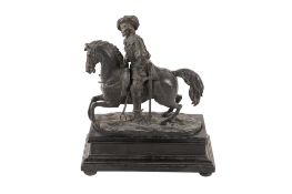A bronze figure modelled as a 'Royalist' gentleman on horseback.