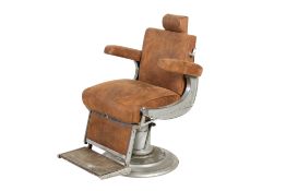 A vintage Belmont barbers chair. With faux brown leather upholstery. Raised on a hydraulic base.