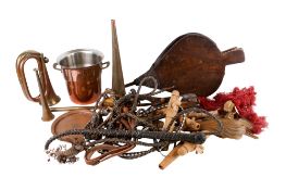 An assortment of metalware. Including a pair of bellows, copper wine bucket, etc.