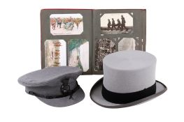 Two gentleman's formal grey hats and a WWI postcards album.