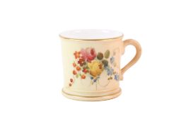 A miniature blush ivory Royal Worcester porcelain mug. Decorated with flowers.