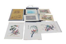 A portfolio of four vintage embroidered Chinese and Japanese pictures and others.