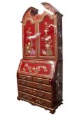 George III style reproduction red lacquer bureau cabinet.