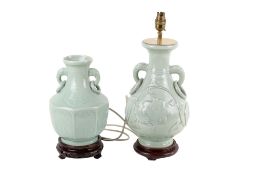 A contemporary Chinese ceramic celadon table lamp and vase. Both raised on a round hardwood plinth.