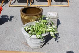 Two large assorted garden pots and a reconstituted stone column. Max.
