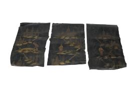 A set of three vintage Chinese style pictures on canvas. Depicting figures in the landscape.