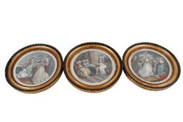 Three 18th/19th century rondo hand coloured stipple engravings of figures.