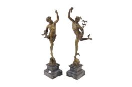 A pair of patinated cast metal figures modelled as Mercury and Psyche. Raised on slate plinths.