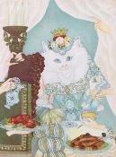 Adrienne Sequz (20th century) - 'Cat Queen', print, 23cm x 31cm, framed and glazed,