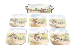 A set of seven Royal Doulton square tea plates with riding scenes.