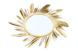 Large contemporary round mirror with gilt coloured edging in the shape of feathers.