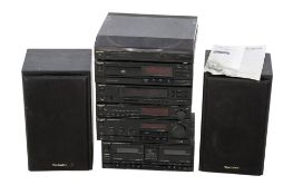A set of six assorted Technics hi fi separates music system.
