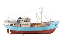 A Billing 'Nordkap 476' radio control model fishing trawler. On stand.