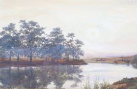 B J Fergie (19th century) - watercolour 'trees beside a lake'.