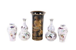 A pair of Wilton Ware lustre vases and two others. Having oriental inspired designs. Max. H26cm (5).