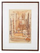 Tramcars on 'Cowell Street, San Francisco' - ink and wash sketch.