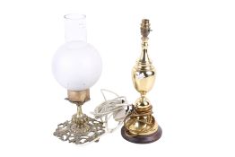 Two assorted vintage brass table lamps. One having an etched and cut-glass globe shade. Max.