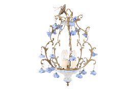 A gilt ceramic and brass ceiling pendant chandelier.