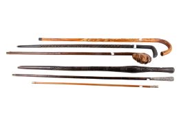 Six walking sticks. Including two metal tipped examples, one with the handle carved as a head, etc.