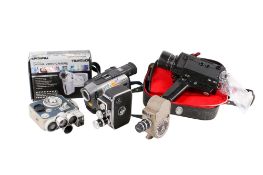 A collection of assorted vintage film cine and video cameras.