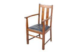 Circa 1900's Arts and Crafts oak framed open arm chair.