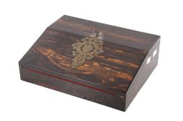 A Victorian coromandel wood ladies writing slope. Brass mounted plaque dedicated to 'Miss E.