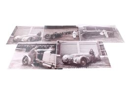 Five black and white photographs of women sport car drivers of the early 20th century.