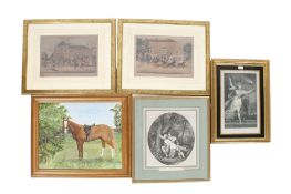 A group of four prints and an oil on canvas.