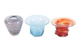 A group of three assorted pieces of Mdina glass. Including two flared bowls and a vase. Max.