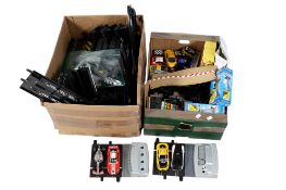 Collection of modern Scalextric slot cars and track.
