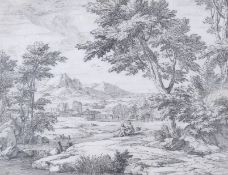 Abraham Genoels (Belguim, 1640-1723) - 'Resting couple on a riverbank', print.