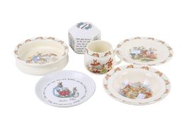 A collection of six items of Beatrix Potter and Bunnykins nursery china.
