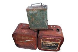 Three vintage fuel cans. Including Shell, etc. Max.