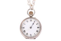 A silver cased pocket watch and silver chain.