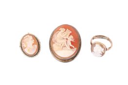 Two cameo rings and a brooch. One ring in a 9ct gold mount with closed back, circa 1.6cm x 1.