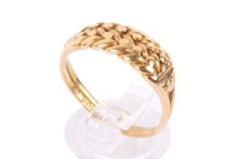 An 18ct gold ring. With 'braided' centrepiece, hallmarked to shank. Misshapen size S, weight 5.5g.